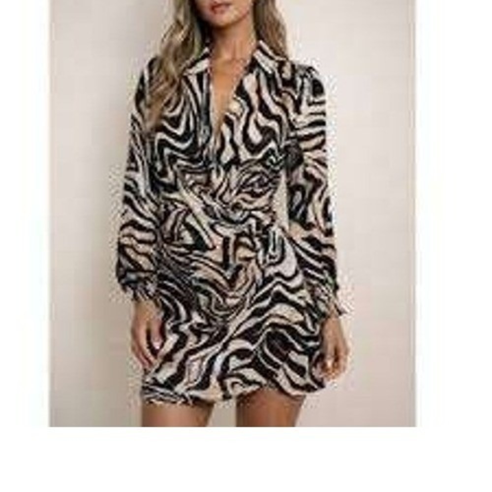 Anthropologie Zebra Print Women Mini Shirt Dress Black Tan Wrap Front size 00P